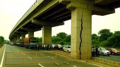 Crack in the pillar of Dhamauli Overbridge on Rajauli-Bakhtiarpur Fourlane, traffic halted