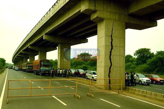 रजौली-बख्तियारपुर फोरलेन पर धमौली ओवरब्रिज की पिलर में पड़ी दरार, यातायात ठप