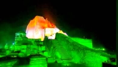 Nalanda ancient university lit up in the light of the tricolor