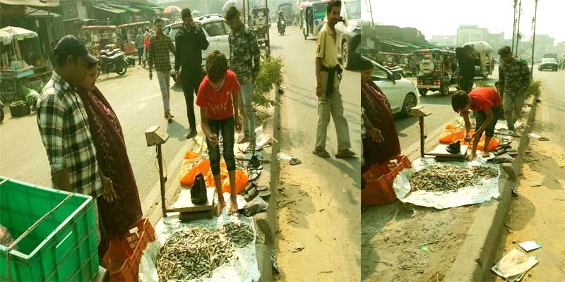 The divider on the Silav bypass four lane has become a fish market children are weighing fish the administration is silent