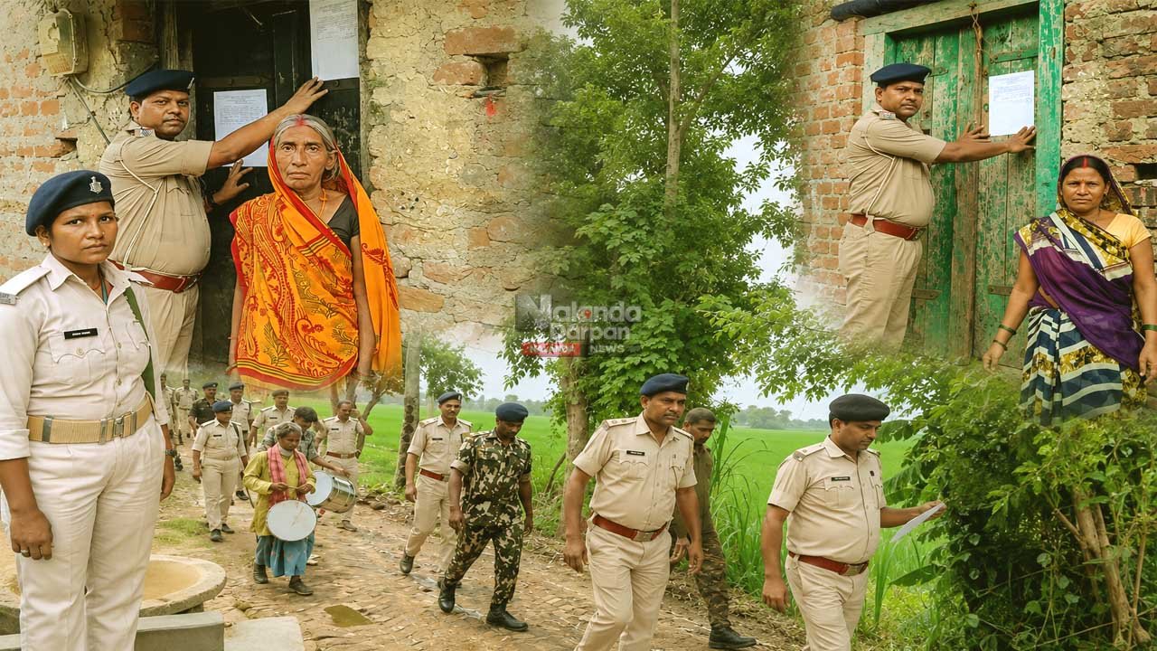 खुदागंज थाना पुलिस ने फरार आरोपियों के घर ढोल बजाकर चिपकाया इश्तेहार 1 Nalanda Crime News